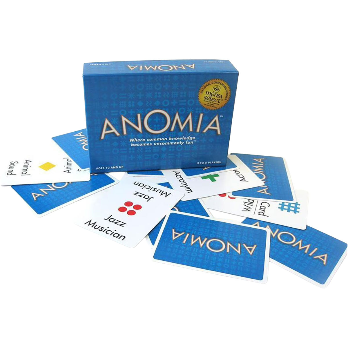 Anomia word game box and a few example cards