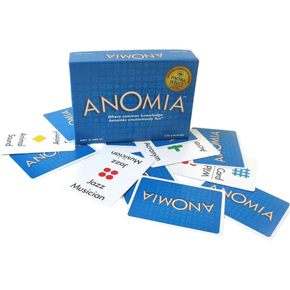Anomia word game box and a few example cards