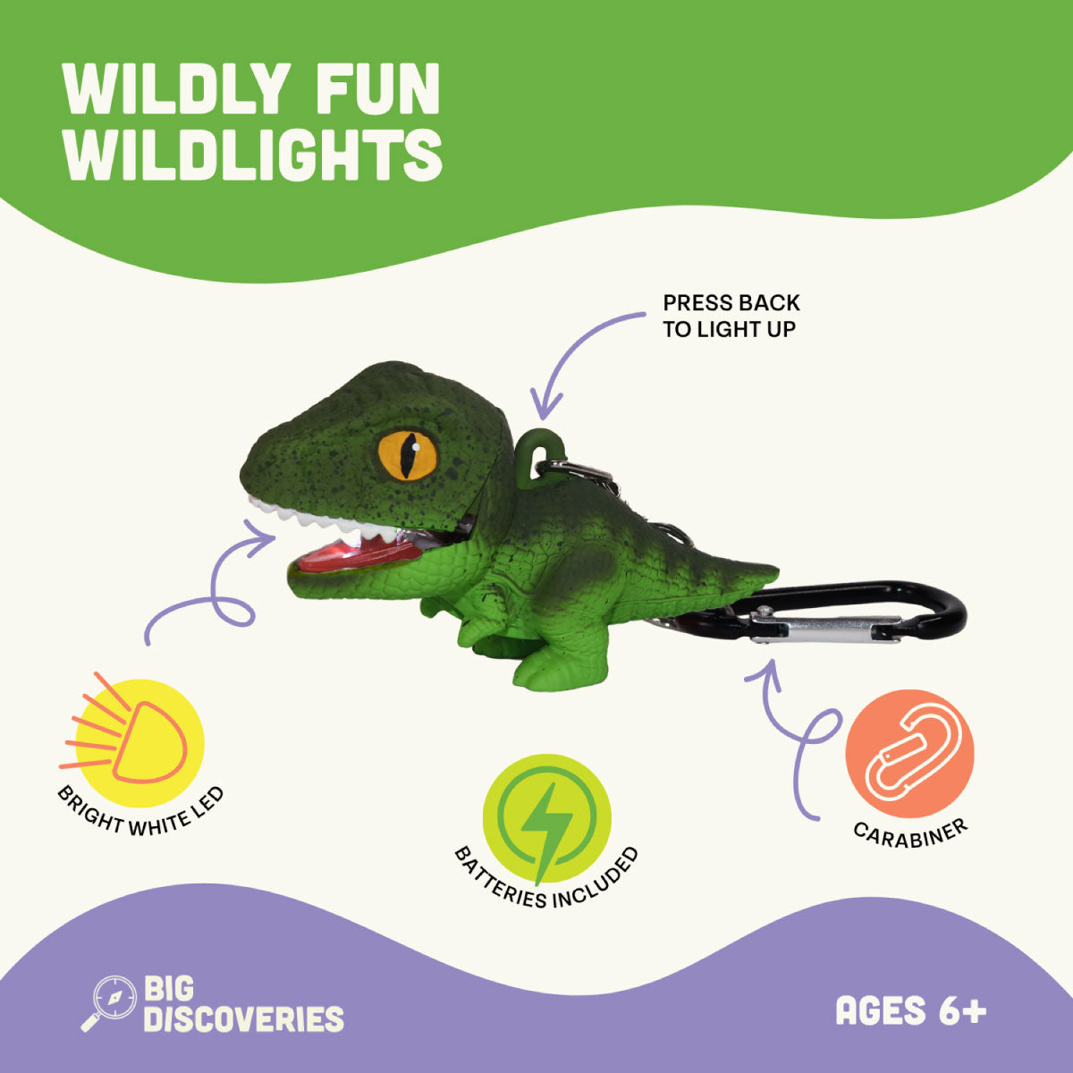 Big Discoveries Wildlights LED Keychain with Carabiner Clip Features