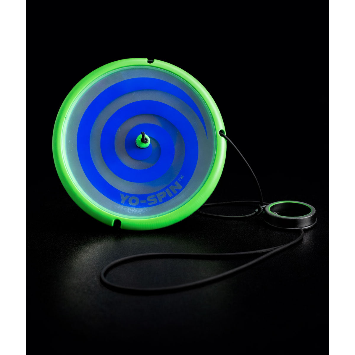 YO-SPIN glow-in-the-dark yo-yo spinner with a black wrist strap