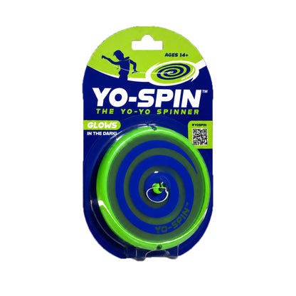 YO-SPIN glow-in-the-dark yo-yo spinner in its original blister packaging, featuring a blue and neon green spinner trick toy with a small metal ring.