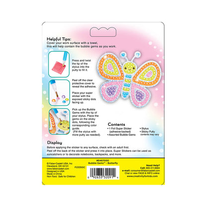 Back of package for Butterfly Bubble Gems Super Sticker by Creativity for Kids.