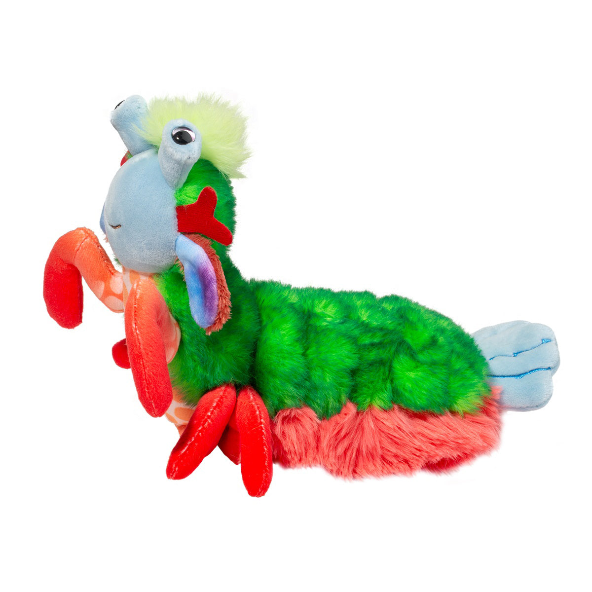 Colorful shrimp plush stuffed animal facing left