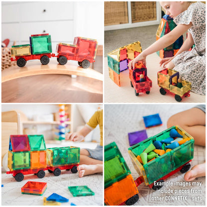 Collage of children playing with Connetix Rainbow Motion Pack - 24 Piece Set colorful magnetic blocks.