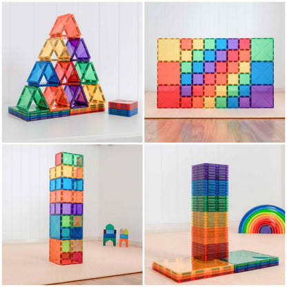 Collage of Connetix Rainbow Square Pack - 42 Piece Set showing colorful magnetic building blocks in various configurations.
