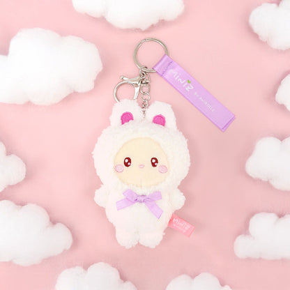 Coosy Anirollz Miniz Bunny Costume Plush Clips - Bunniroll in White Bunny Costume with Pink Inner Ears and a Purple Bow