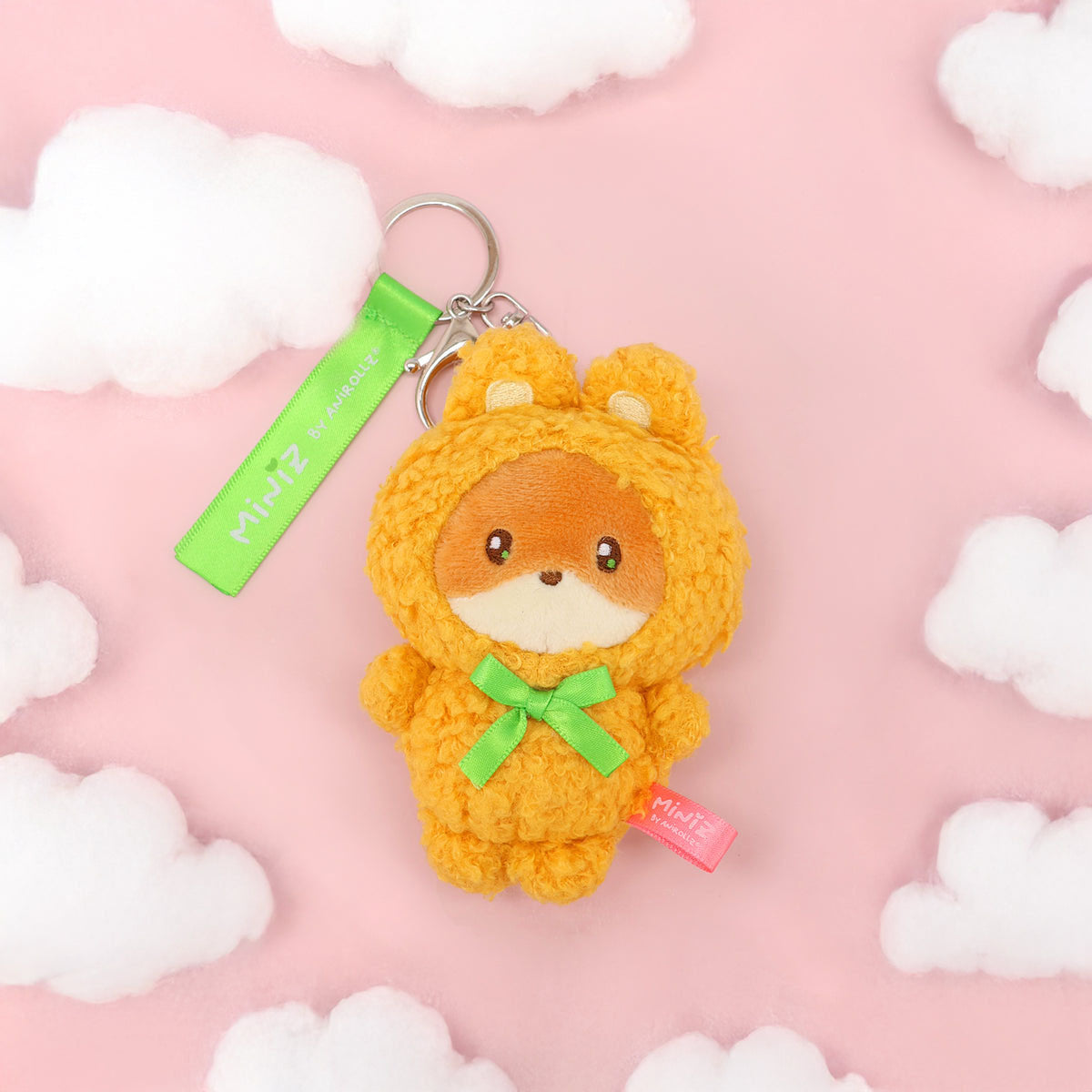 Coosy Anirollz Miniz Bunny Costume Plush Clips - Foxiroll in Yellow Bunny Costume with Yellow Inner Ears and a Green Bow