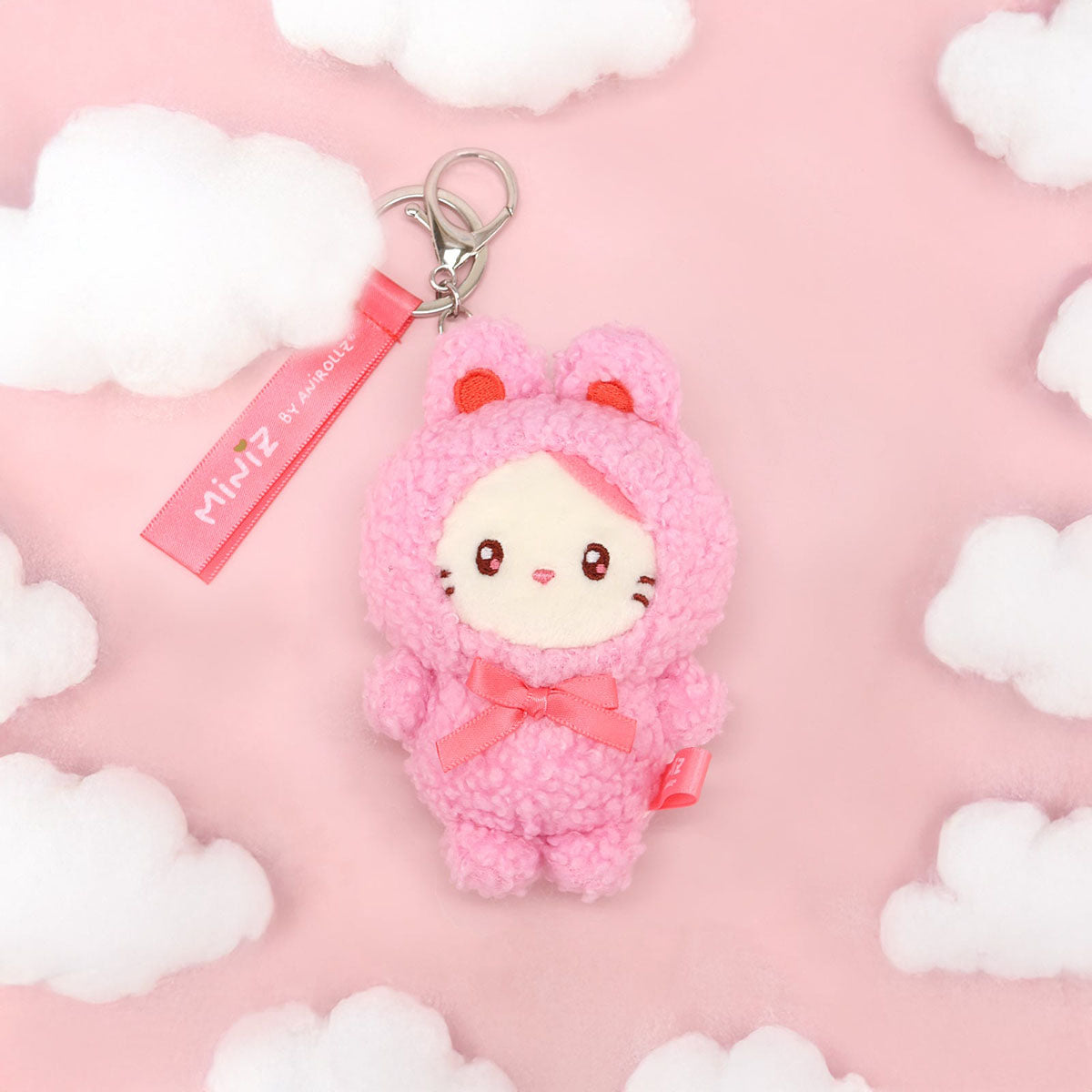 Coosy Anirollz Miniz Bunny Costume Plush Clips - Kittiroll in Pink Bunny Costume with Pink Inner Ears and a Pink Bow