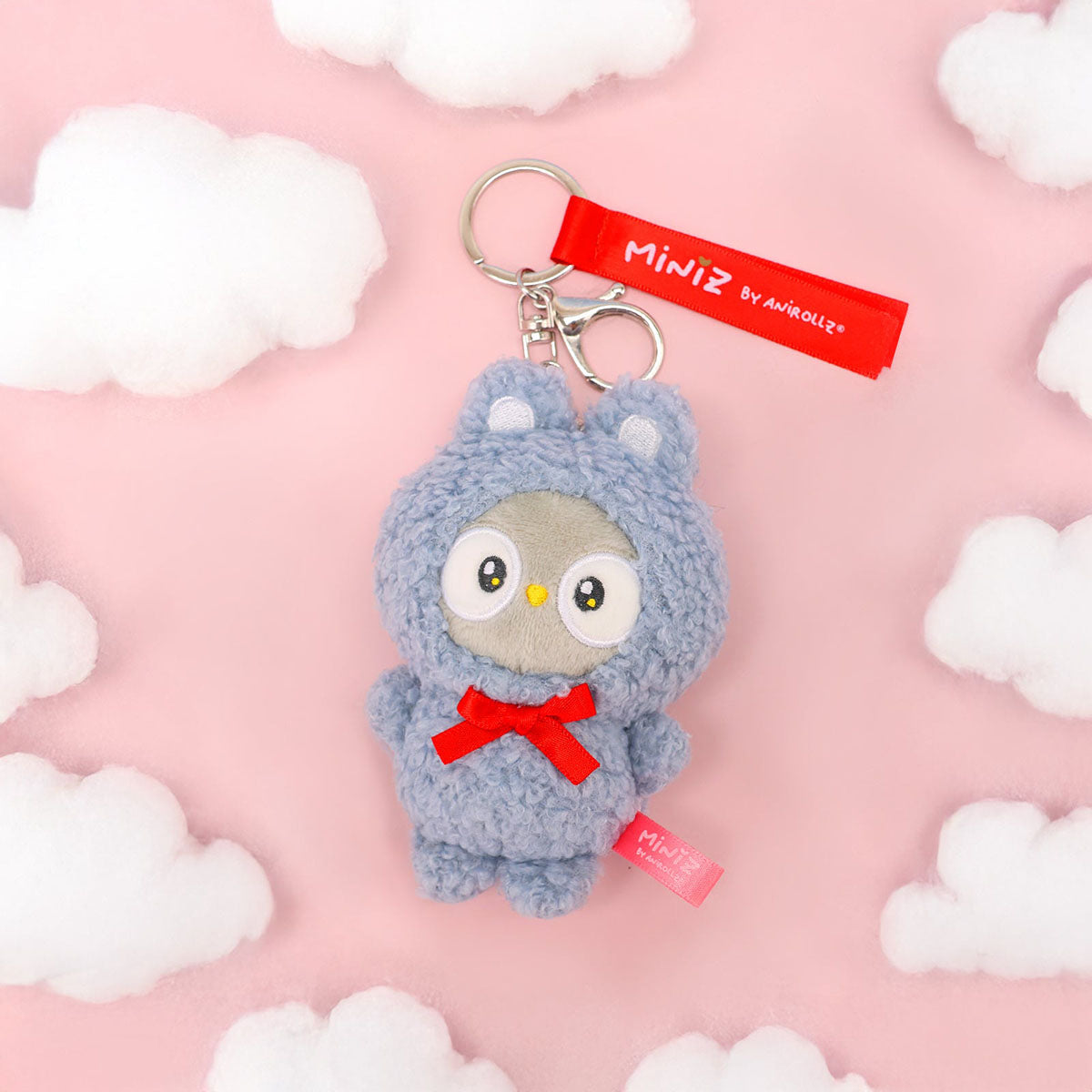 Coosy Anirollz Miniz Bunny Costume Plush Clips - Owlyroll in Gray Bunny Costume with White Inner Ears and a Red Bow