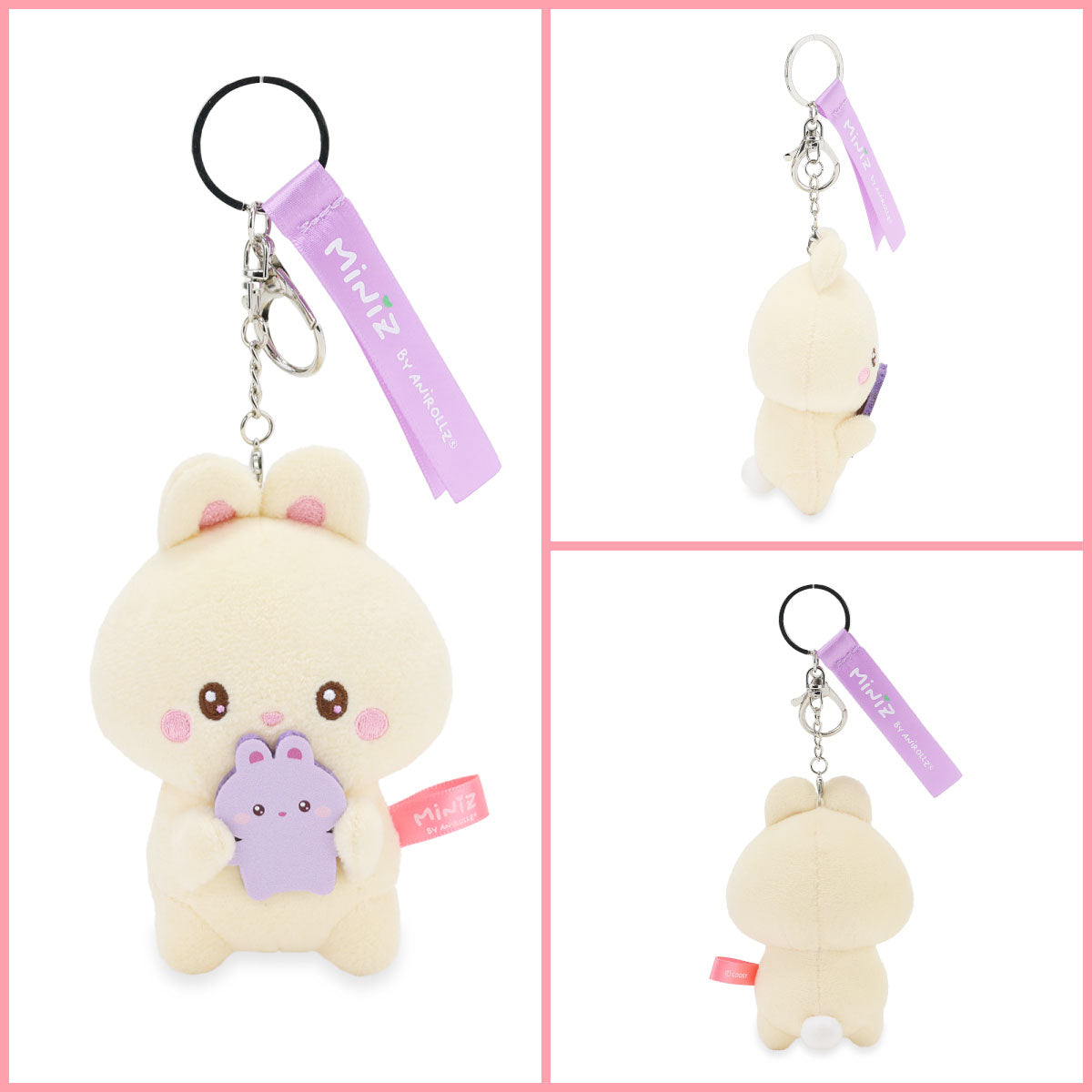 Coosy Anirollz Miniz Mini-Me Bunniroll Plush Clip Front, Side, and Back views