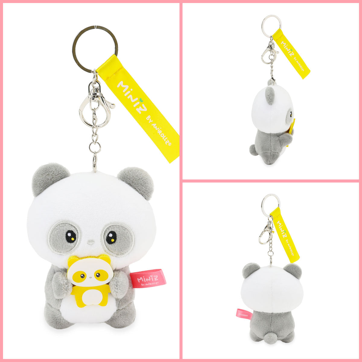 Coosy Anirollz Miniz Mini-Me Pandaroll Plush Clip Front, Side, and Back views