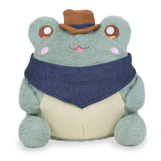 Cowboy Wawa 9" frog plush wearing a cowboy hat and bandana by Cuddle Barn.