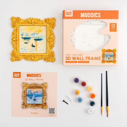 Contents of Craft Hero Muddies Monet Sunrise 3D Wall Frame Painting Kit