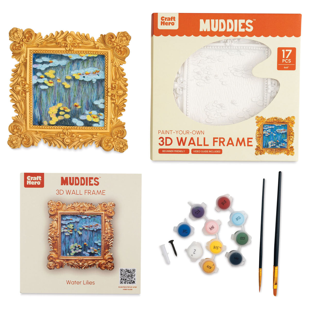 Contents of Craft Hero Muddies Monet Water Lilies 3D Wall Frame Painting Kit