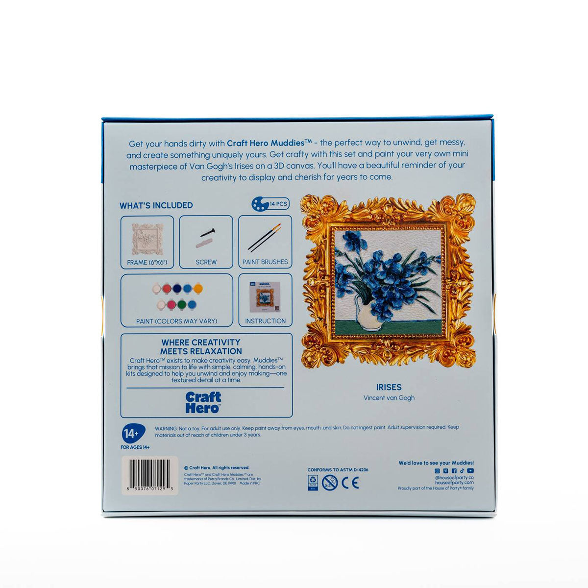 Back of the Craft Hero Muddies Van Gogh Blue Irises 3D Wall Frame Painting Kit box