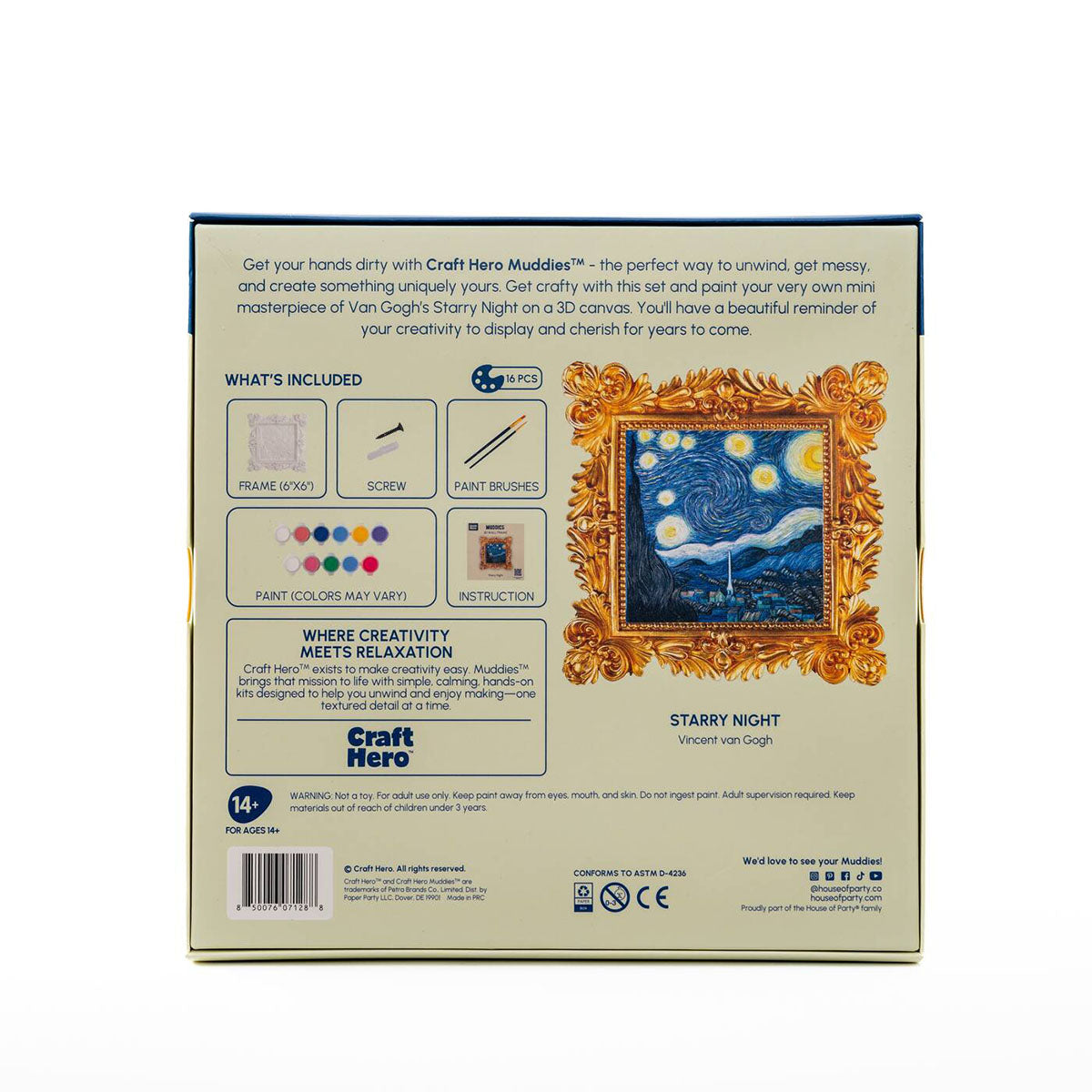 Back of the Craft Hero Muddies Van Gogh Starry Night 3D Wall Frame Painting Kit box