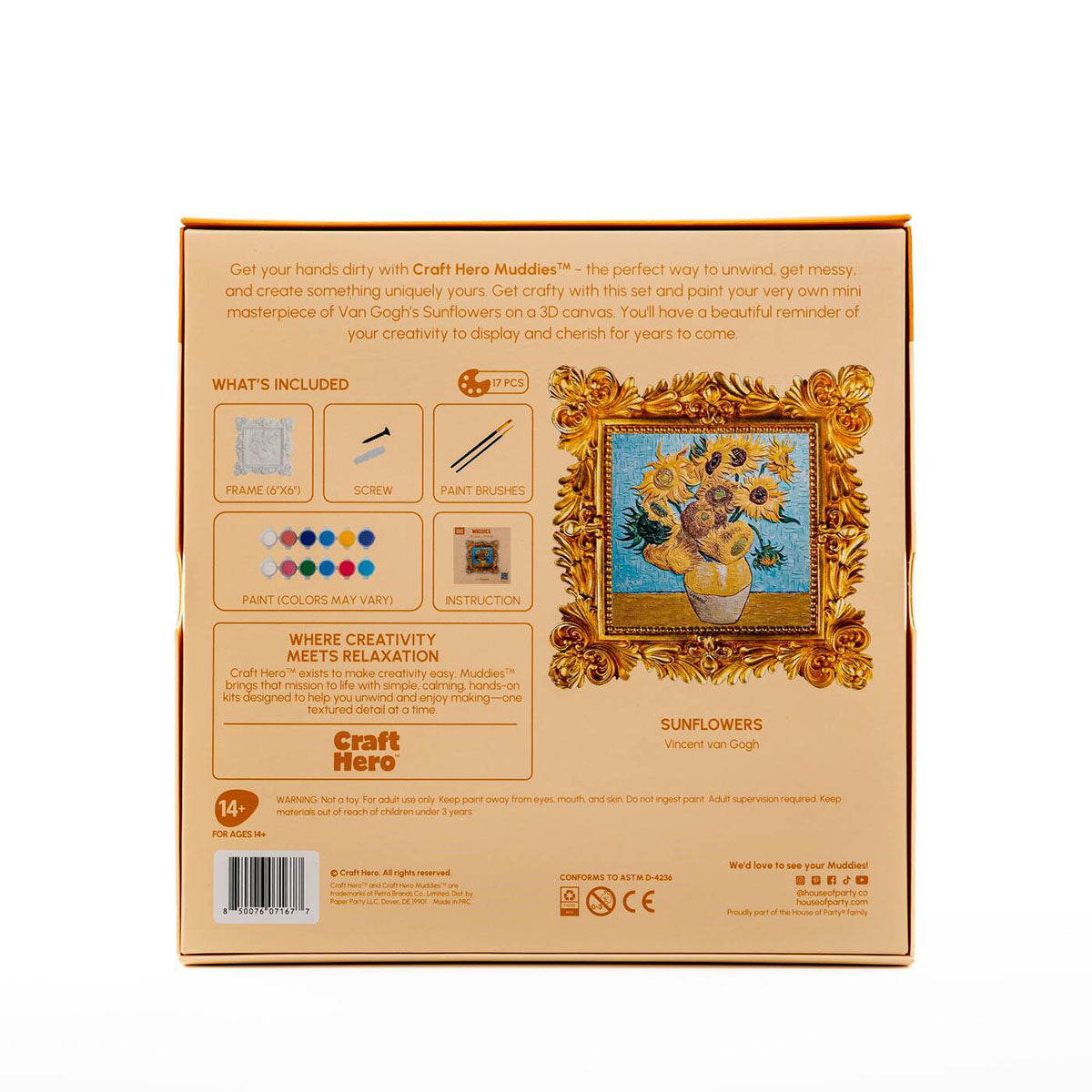 Back of the Craft Hero Muddies Van Gogh Sunflowers 3D Wall Frame Painting Kit box