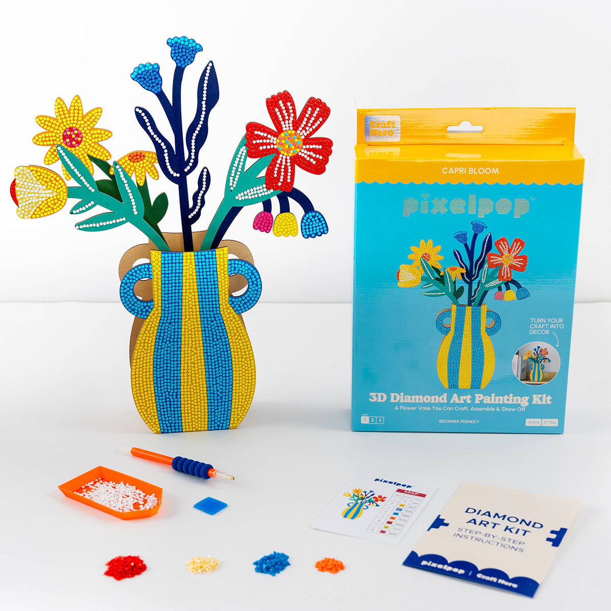 Completed Craft Hero PixelPop Capri Bloom 3D Diamond Painting Kit with contents