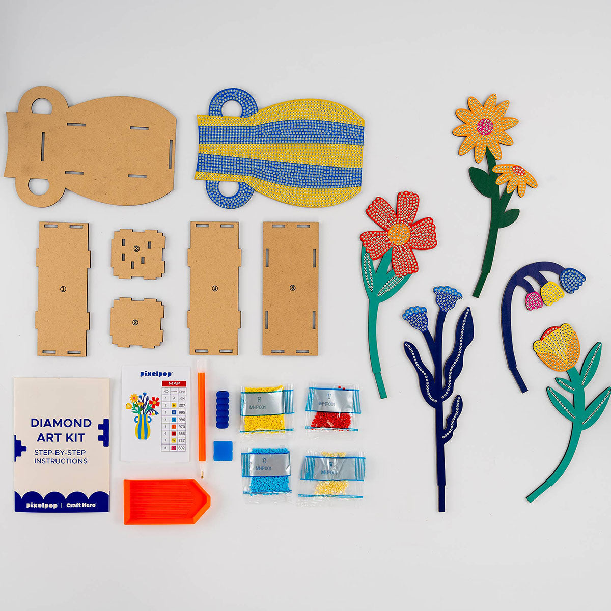 Contents of the Craft Hero PixelPop Capri Bloom 3D Diamond Painting Kit