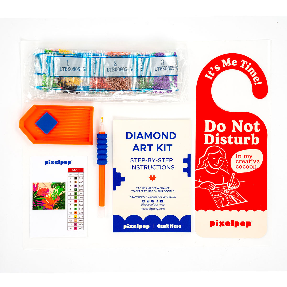 Contents of the Craft Hero PixelPop Orangery Diamond Painting Kit