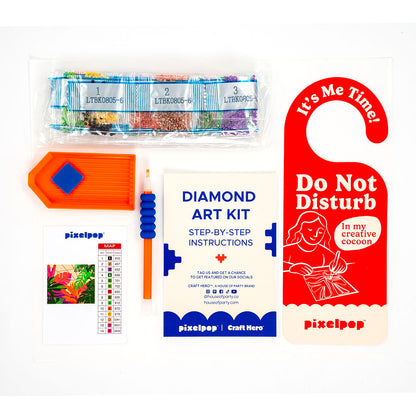 Contents of the Craft Hero PixelPop Orangery Diamond Painting Kit