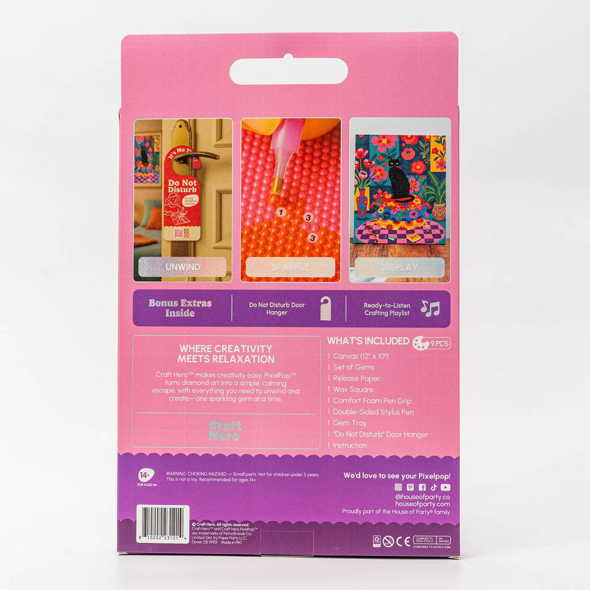 Back of the Craft Hero PixelPop Studio Cat Diamond Painting Kit box
