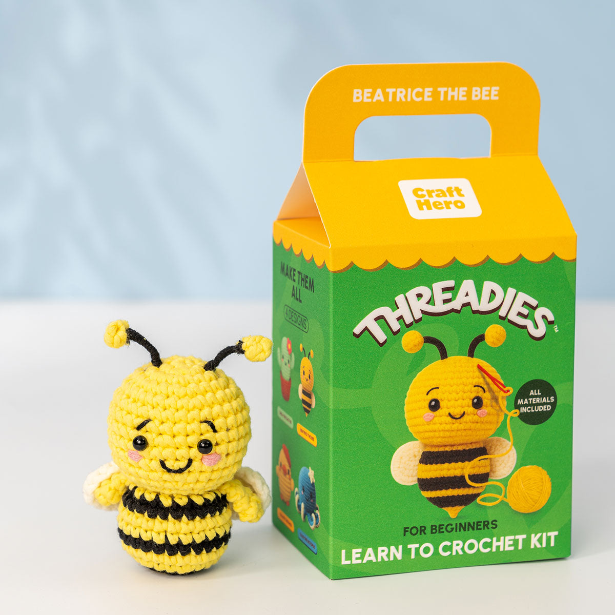 Craft Hero Threadies Beatrice Bee Crochet Kit completed project with box