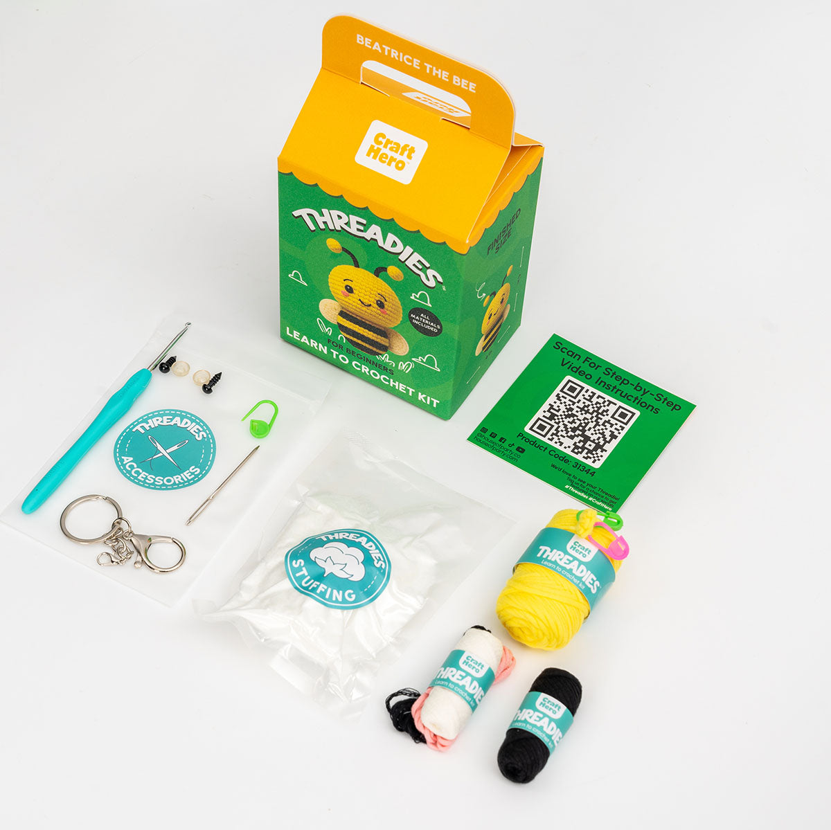 Craft Hero Threadies Beatrice Bee Crochet Kit contents