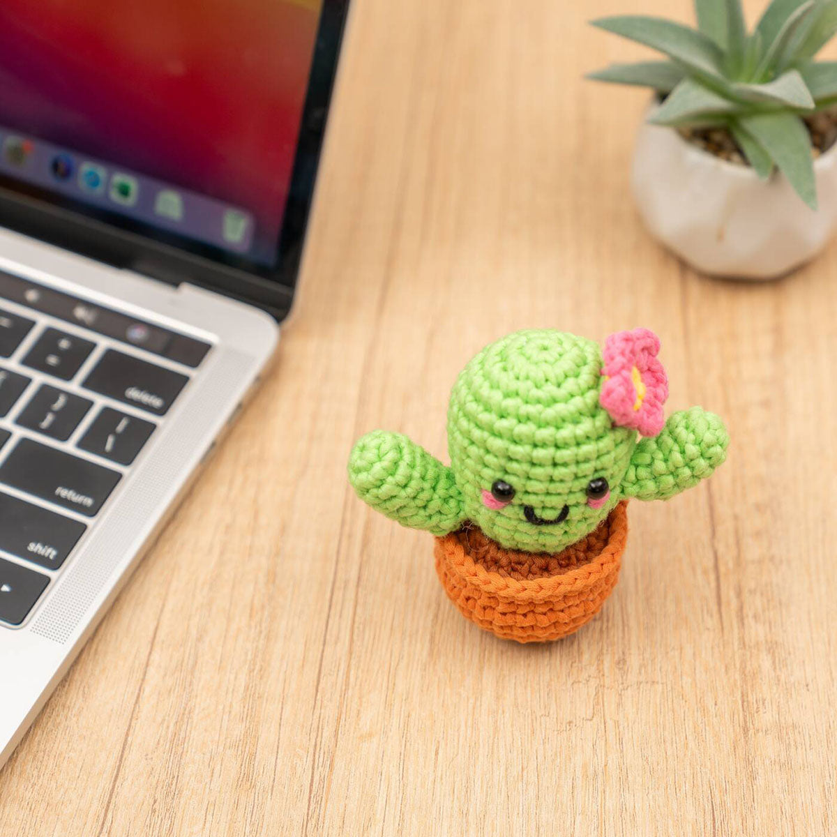 Craft Hero Threadies Carla Cactus Crochet Kit completed project sitting on a desk.