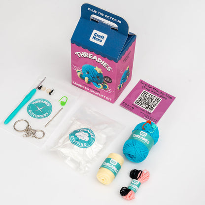 Contents of the Craft Hero Threadies Ollie Octopus Crochet Kit 