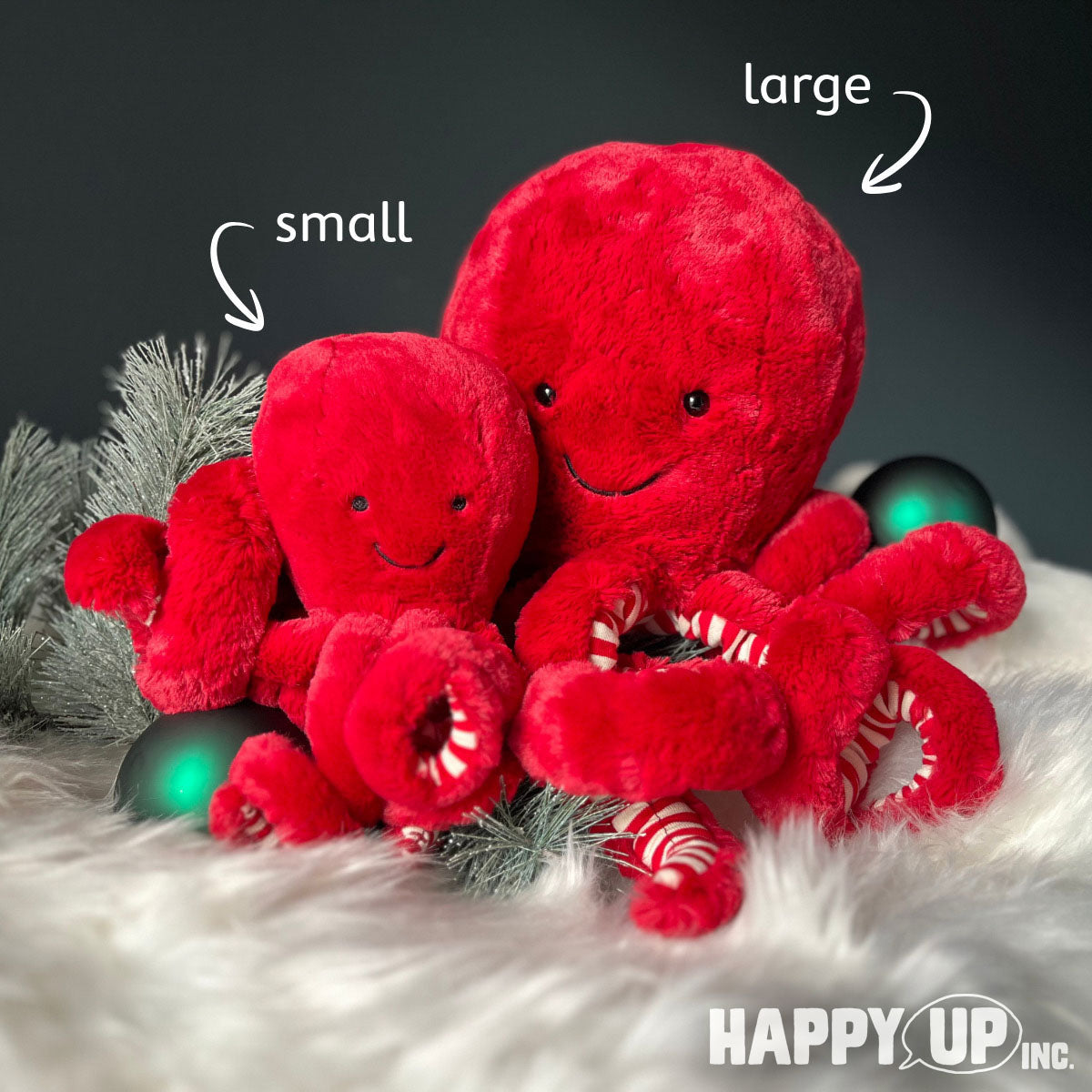 Cranberry Octopus, small versus large comparison, from Jellycat.