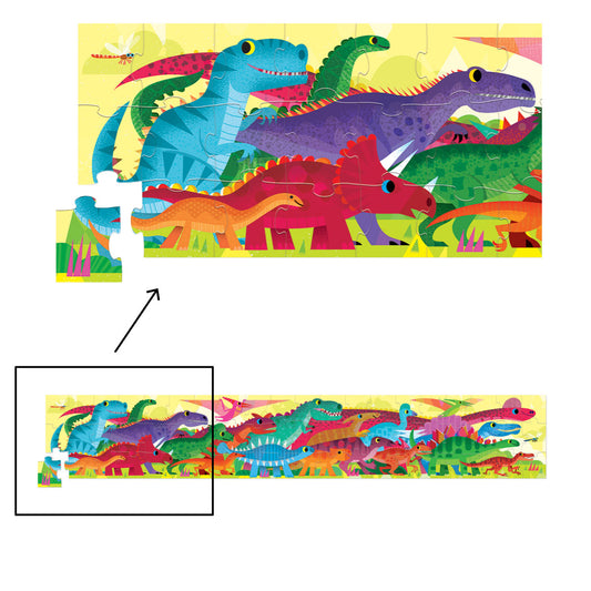 Crocodile Creek Super Duper Long Dinosaur Jigsaw Puzzle - 60 Pieces - Close up of the left-hand section.
