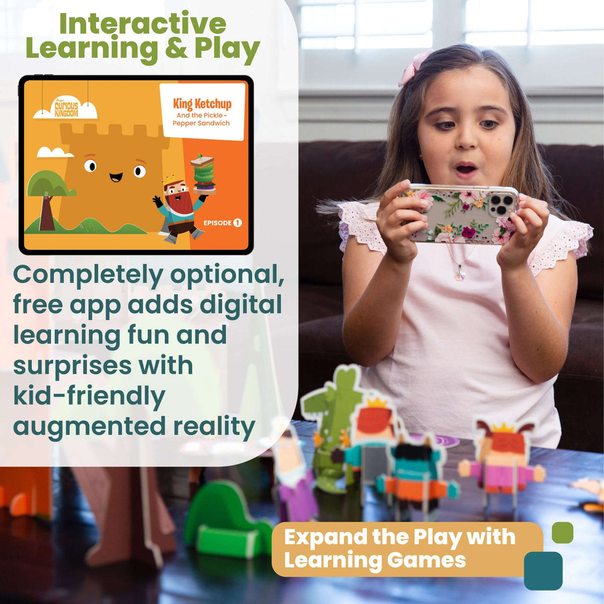 Curious Kingdom castle learning playset with AR-enhanced features by Playper. Completely optional, free app adds digital learning fun and surprises with kid-friendly augmented reality.