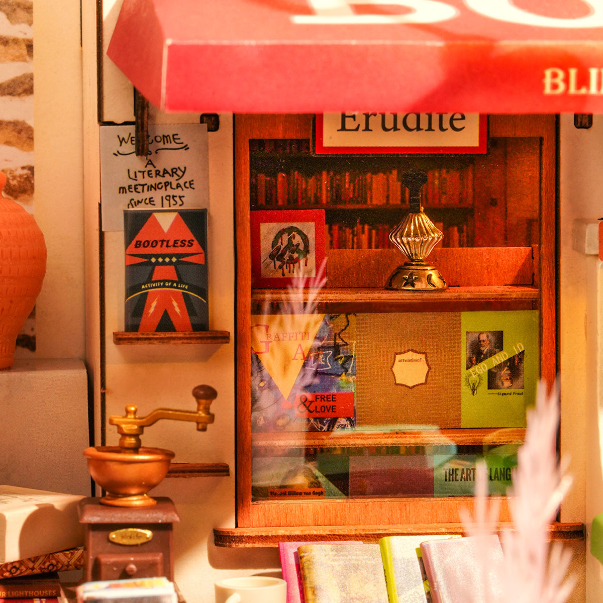 Closeup of the Corner Bookstore window, DIY Miniature House Kit.