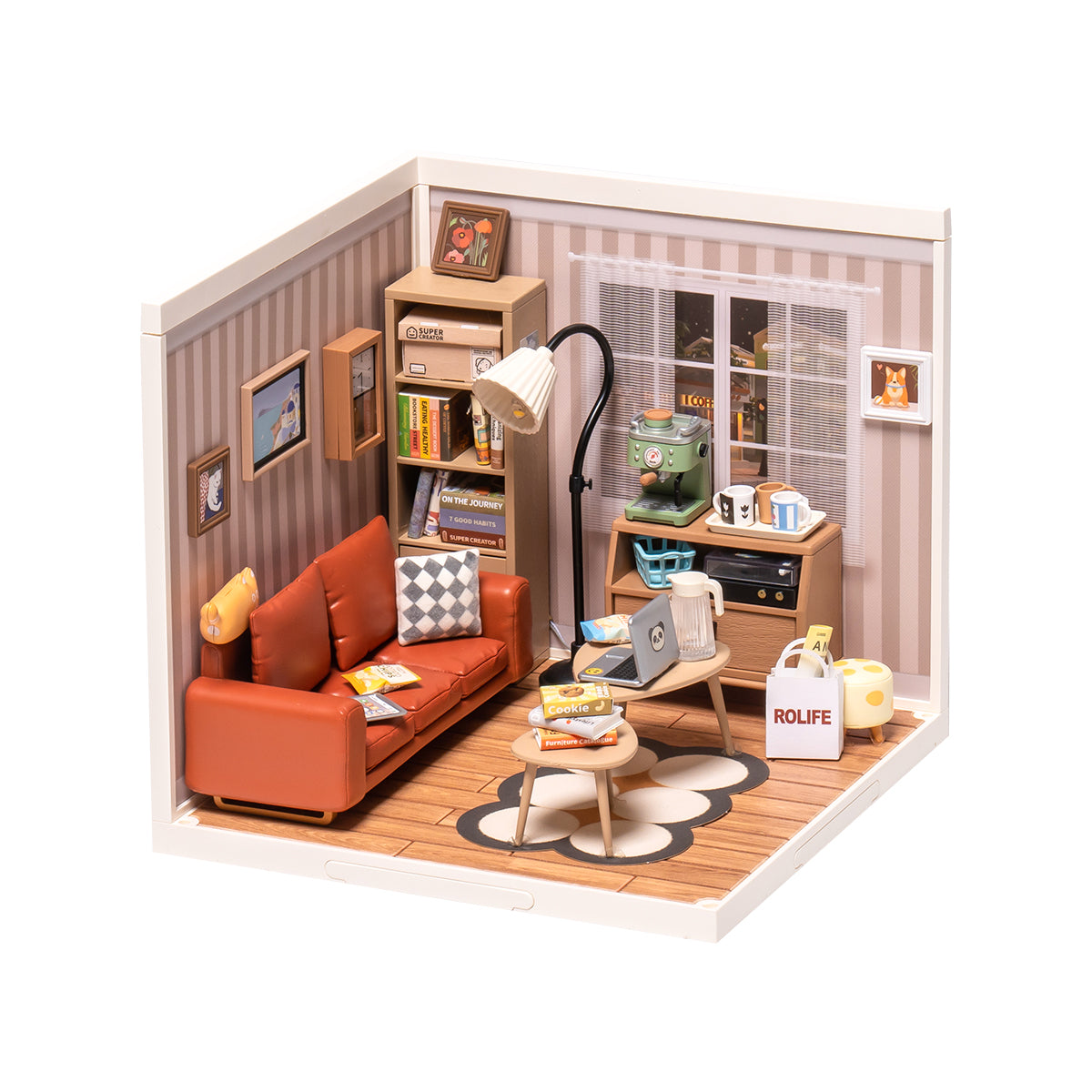 Assembled DIY miniature house kit, cozy living lounge, from Hands Craft.