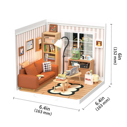 Dimensions of DIY miniature house kit, cozy living lounge, from Hands Craft.