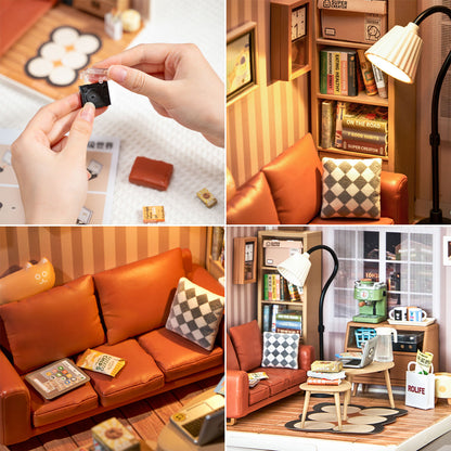 Quad collage of DIY miniature house kit, cozy living lounge, from Hands Craft.