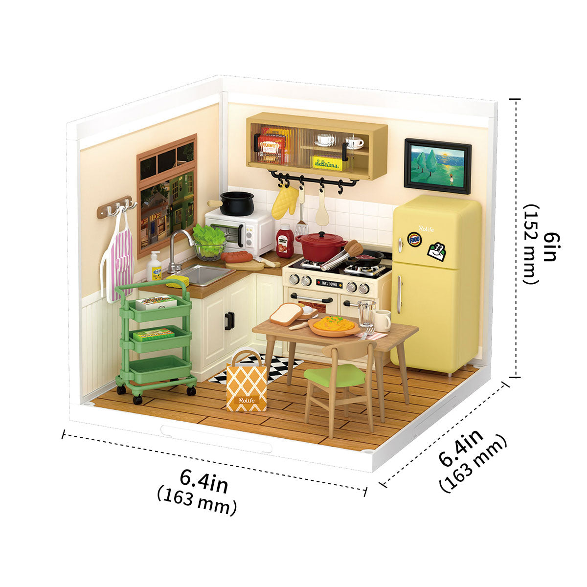 Dimensions of DIY Miniature House Kit, Happy Meals Kitchen, from Hands Craft.