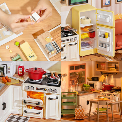 Collage of 3 close-up images and one assemblage image, all of DIY Miniature House Kit, Happy Meals Kitchen, from Hands Craft.