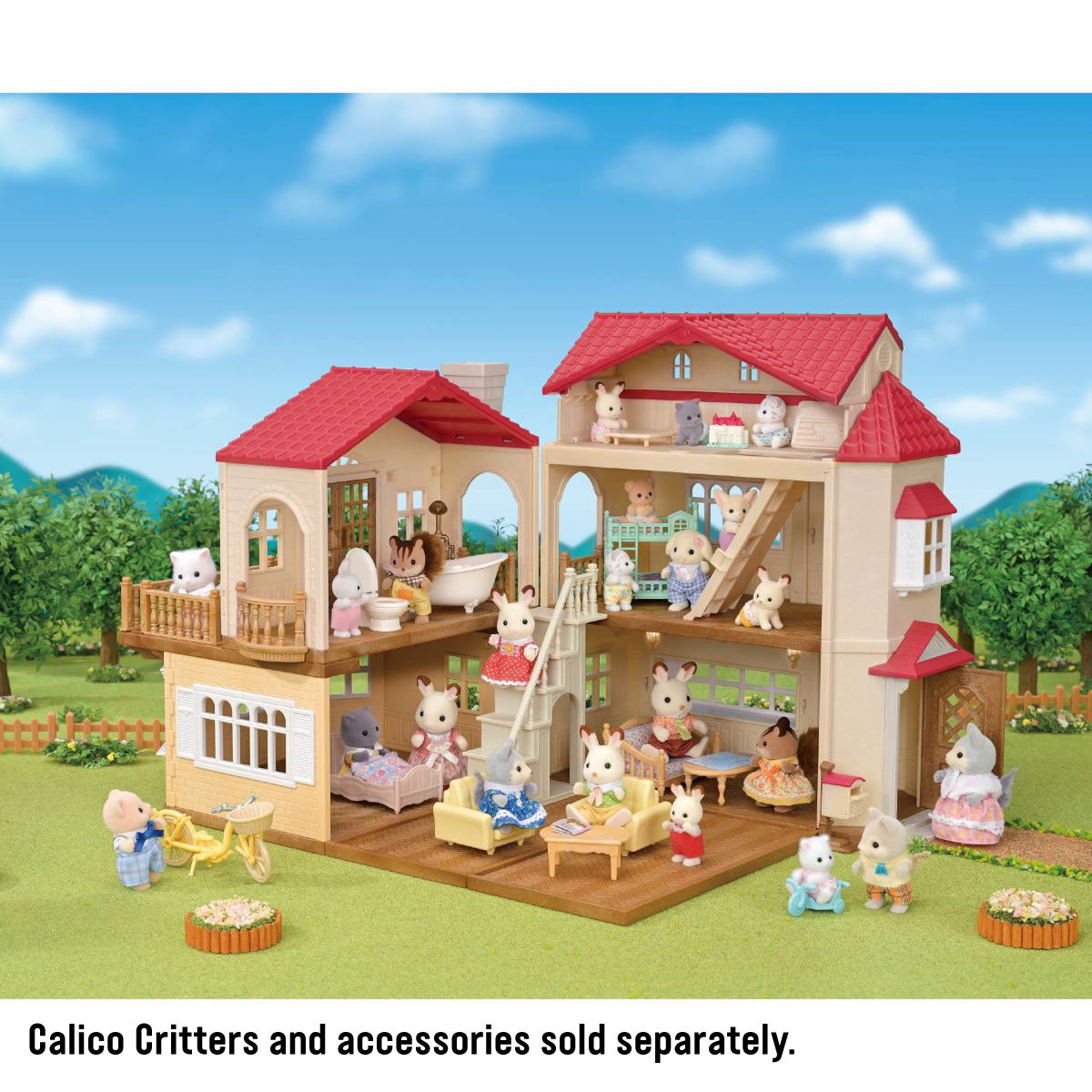 Calico Critters Red Roof Country Home with Secret Attic set up with lots of Calico Critters figures and accessories, sold separately.