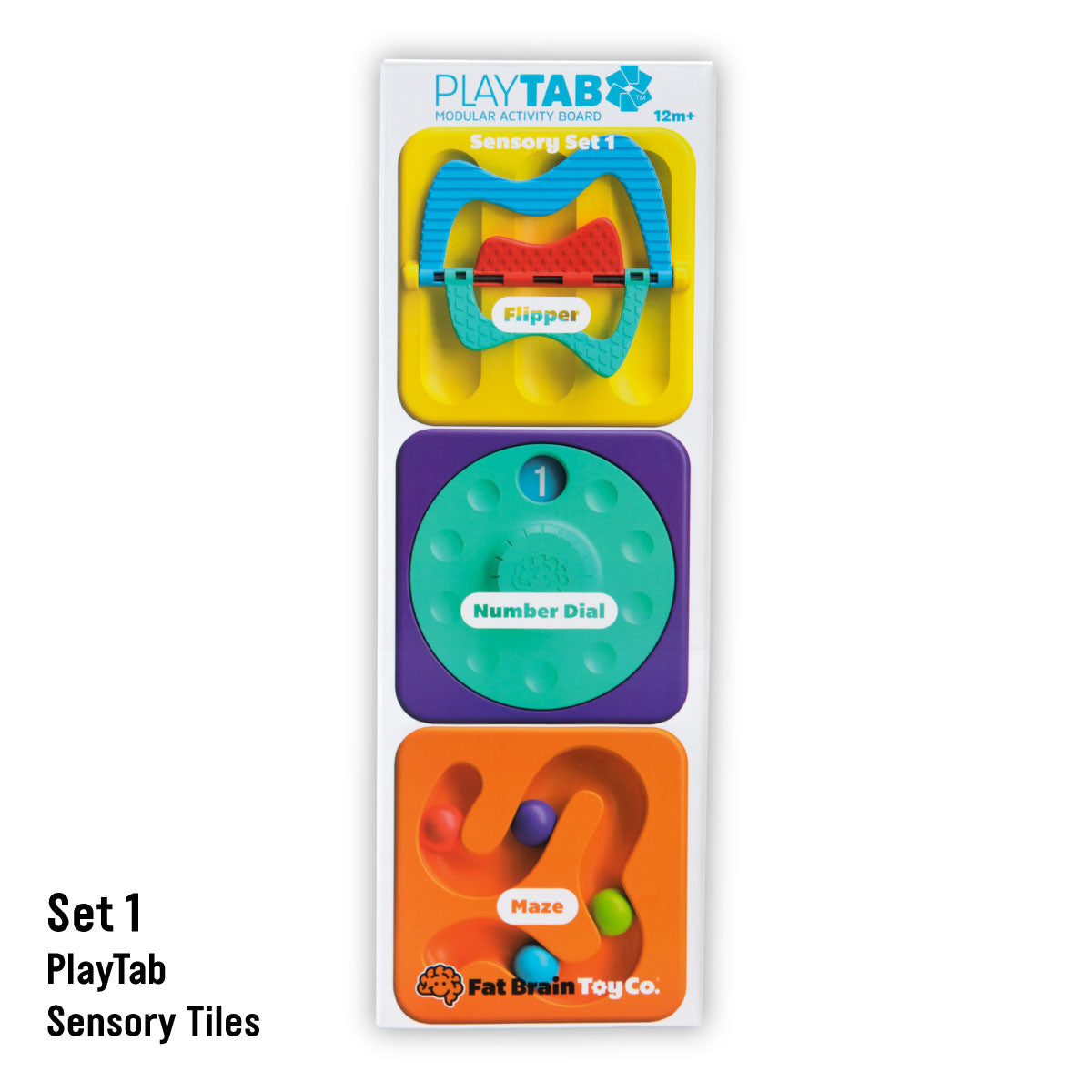 PlayTab Modular Sensory Activity Board Tile Set 1 contents: Flipper, Number Dial, and Bead Maze. From Fat Brain Toy Co