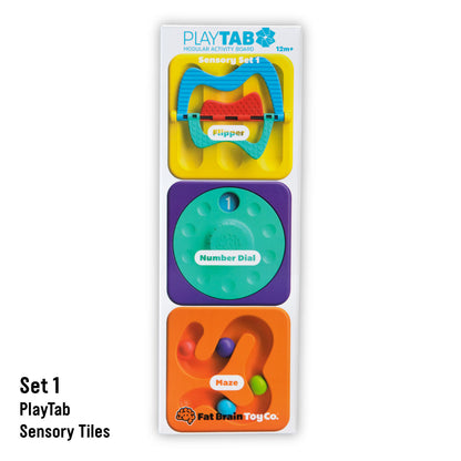 PlayTab Modular Sensory Activity Board Tile Set 1 contents: Flipper, Number Dial, and Bead Maze. From Fat Brain Toy Co