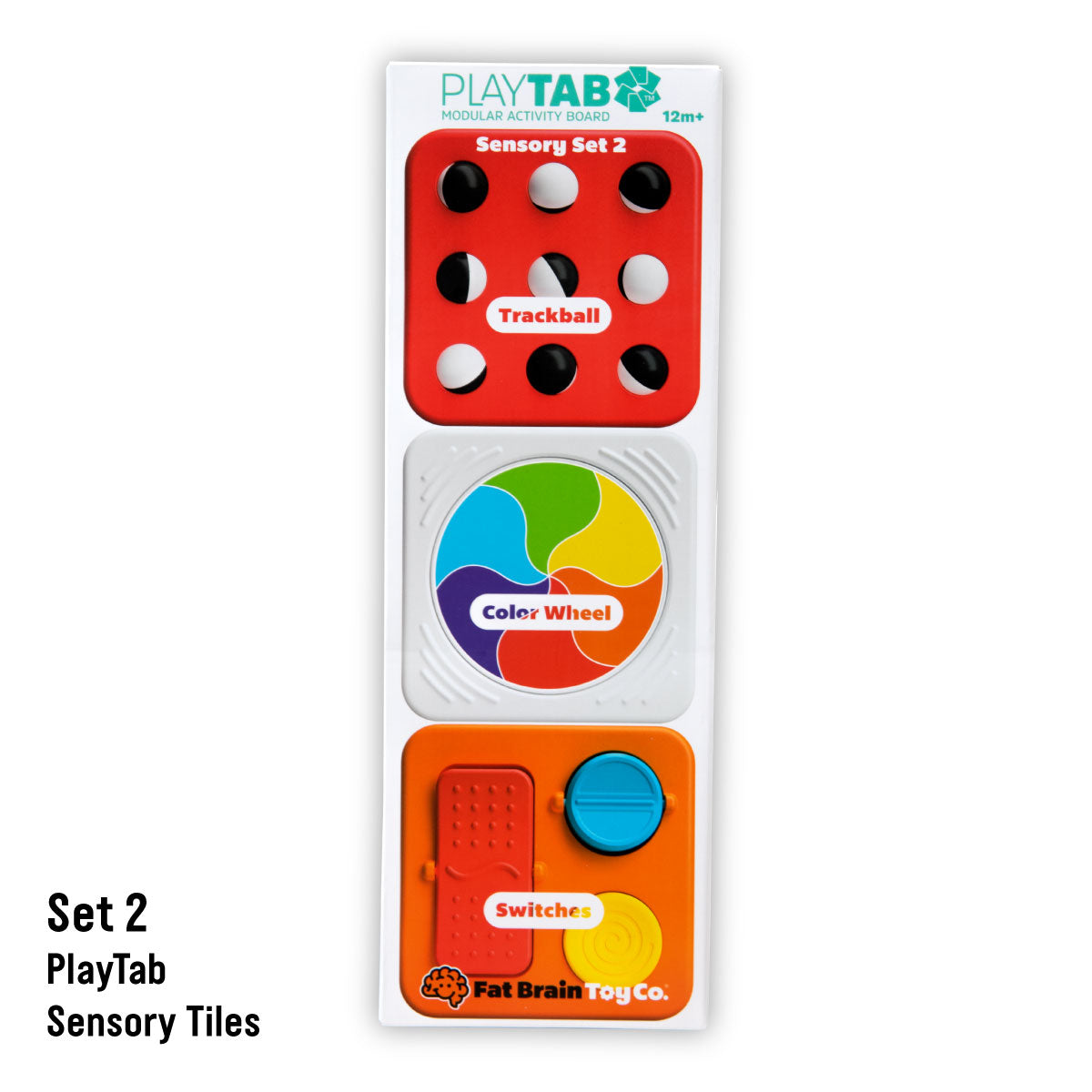 PlayTab Modular Sensory Activity Board Tile Set 2 contents: Trackball, Color Wheel, and Switches. From Fat Brain Toy Co