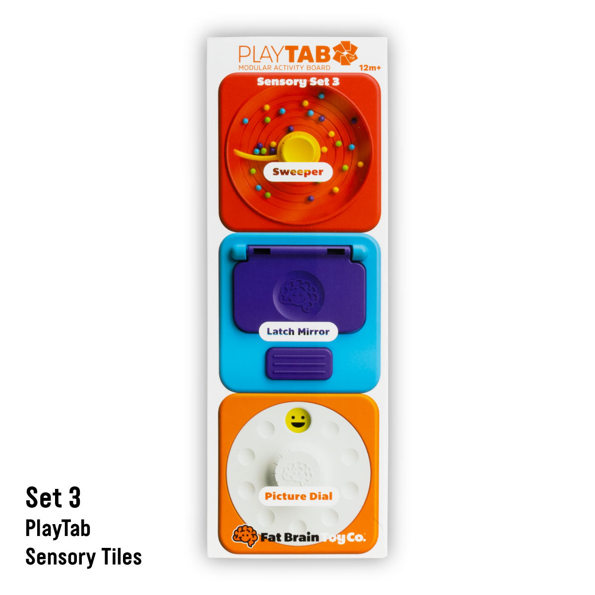 PlayTab Modular Sensory Activity Board Tile Set 3 contents: Sweeper, Latch Mirror, and Picture Dial. From Fat Brain Toy Co