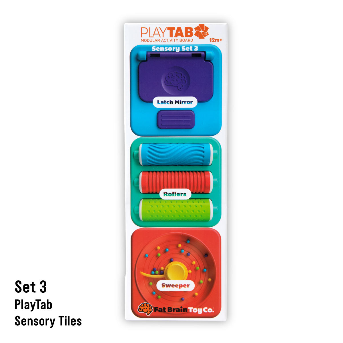 PlayTab Modular Sensory Activity Board Tile Set 3 contents: Latch Mirror, Rollers, and Sweeper. From Fat Brain Toy Co