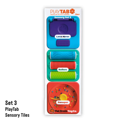 PlayTab Modular Sensory Activity Board Tile Set 3 contents: Latch Mirror, Rollers, and Sweeper. From Fat Brain Toy Co