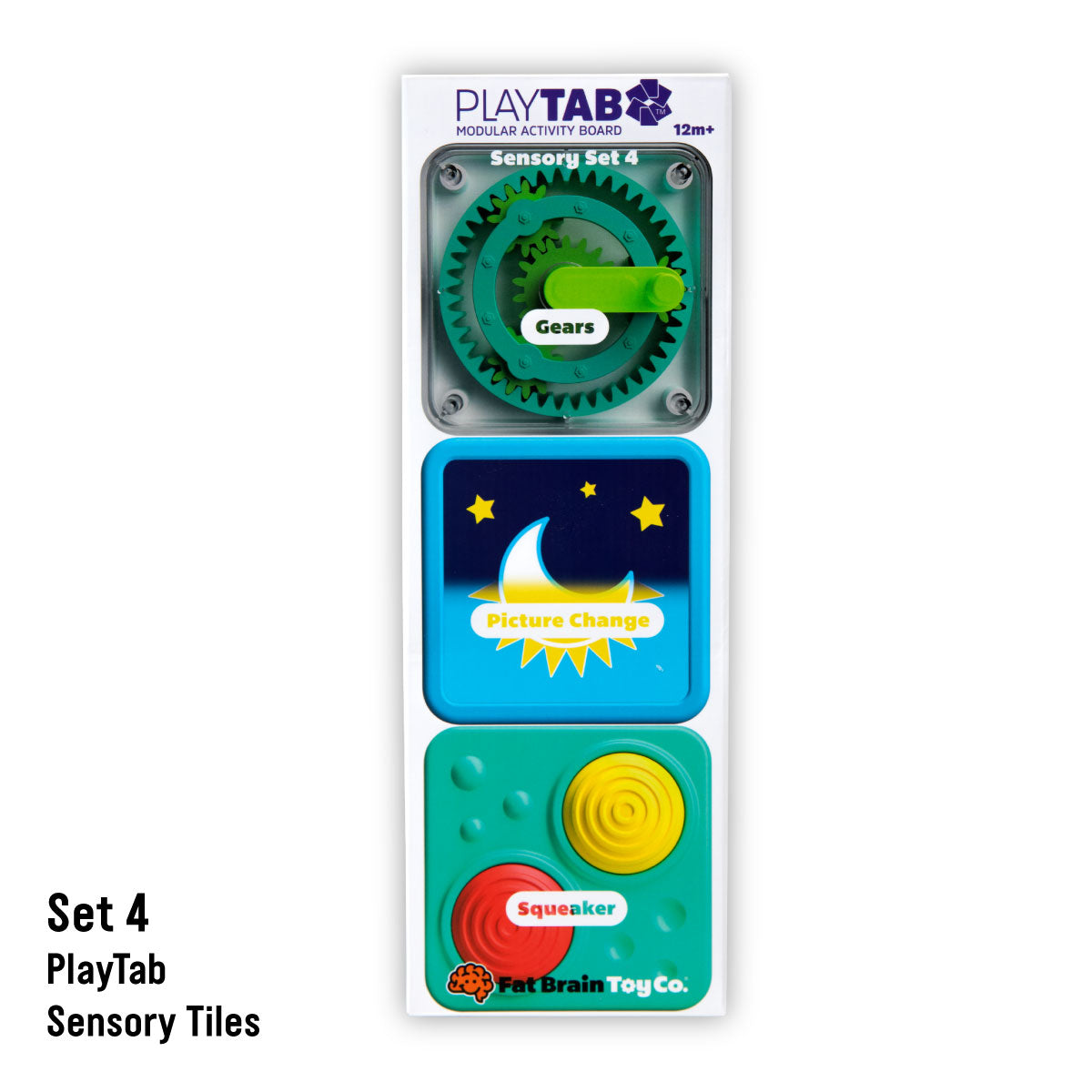 PlayTab Modular Sensory Activity Board Tile Set 4 contents: Gears, Picture Change, and Squeaker. From Fat Brain Toy Co