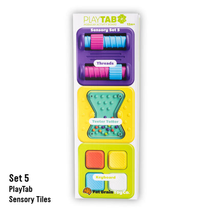 PlayTab Modular Sensory Activity Board Tile Set 5 contents: Threads, Teeter Totter, and Keyboard. From Fat Brain Toy Co
