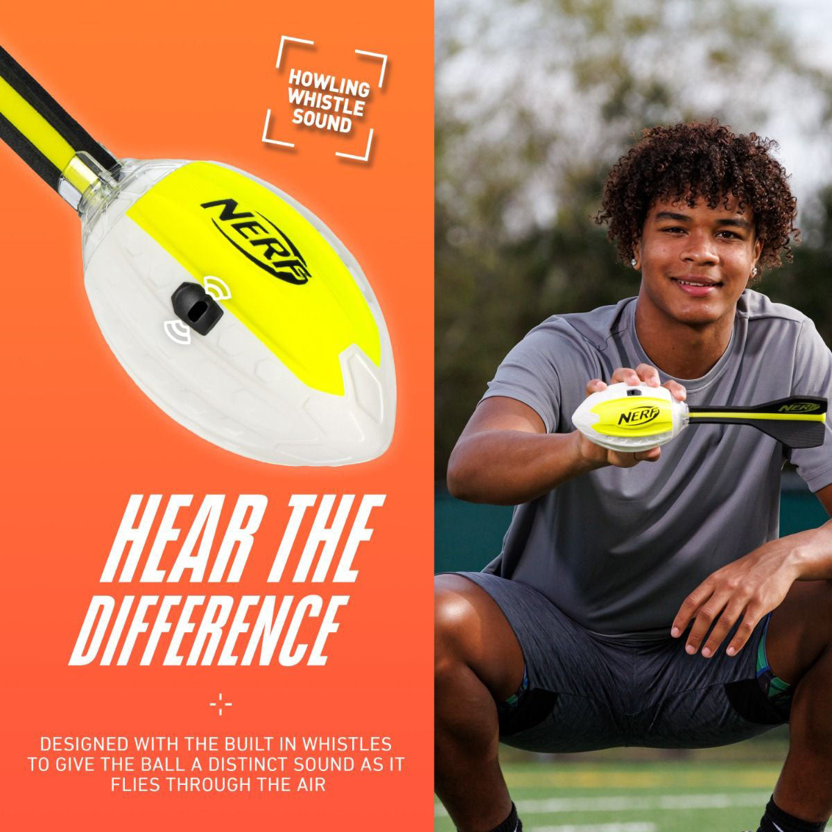 Nerf Vortex Lightstrike Football features a  'HOWLING WHISTLE SOUND'.