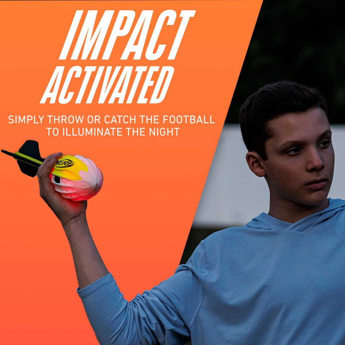 A person in a light blue long-sleeve shirt holds the Nerf Vortex Lightstrike Football. A bright orange graphic background has the text 'IMPACT ACTIVATED' and 'SIMPLY THROW OR CATCH THE FOOTBALL TO ILLUMINATE THE NIGHT.'.